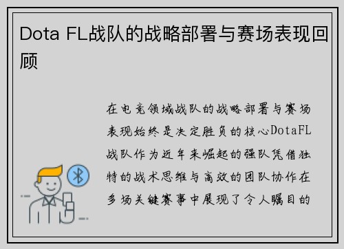 Dota FL战队的战略部署与赛场表现回顾